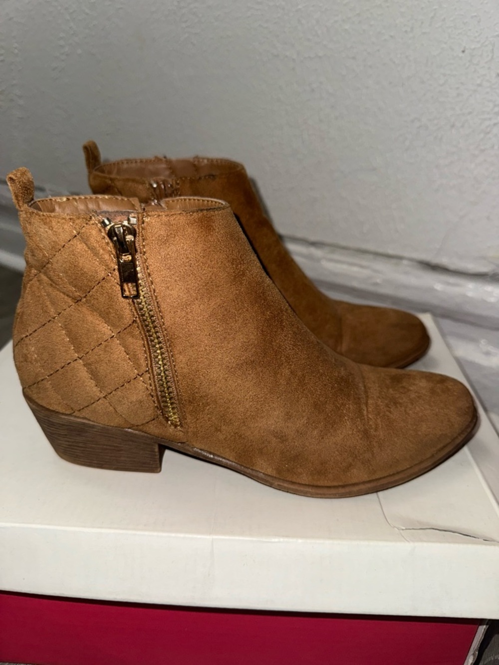 JustFab Tan Suede Zip Ankle Booties - Picture 3 of 7
